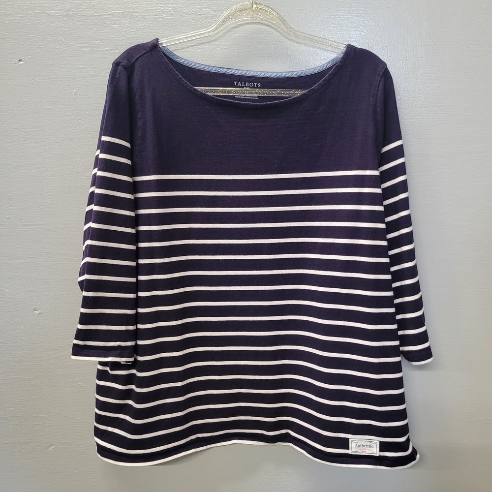 Talbots Women's Long Sleeve Navy and White Striped Tee